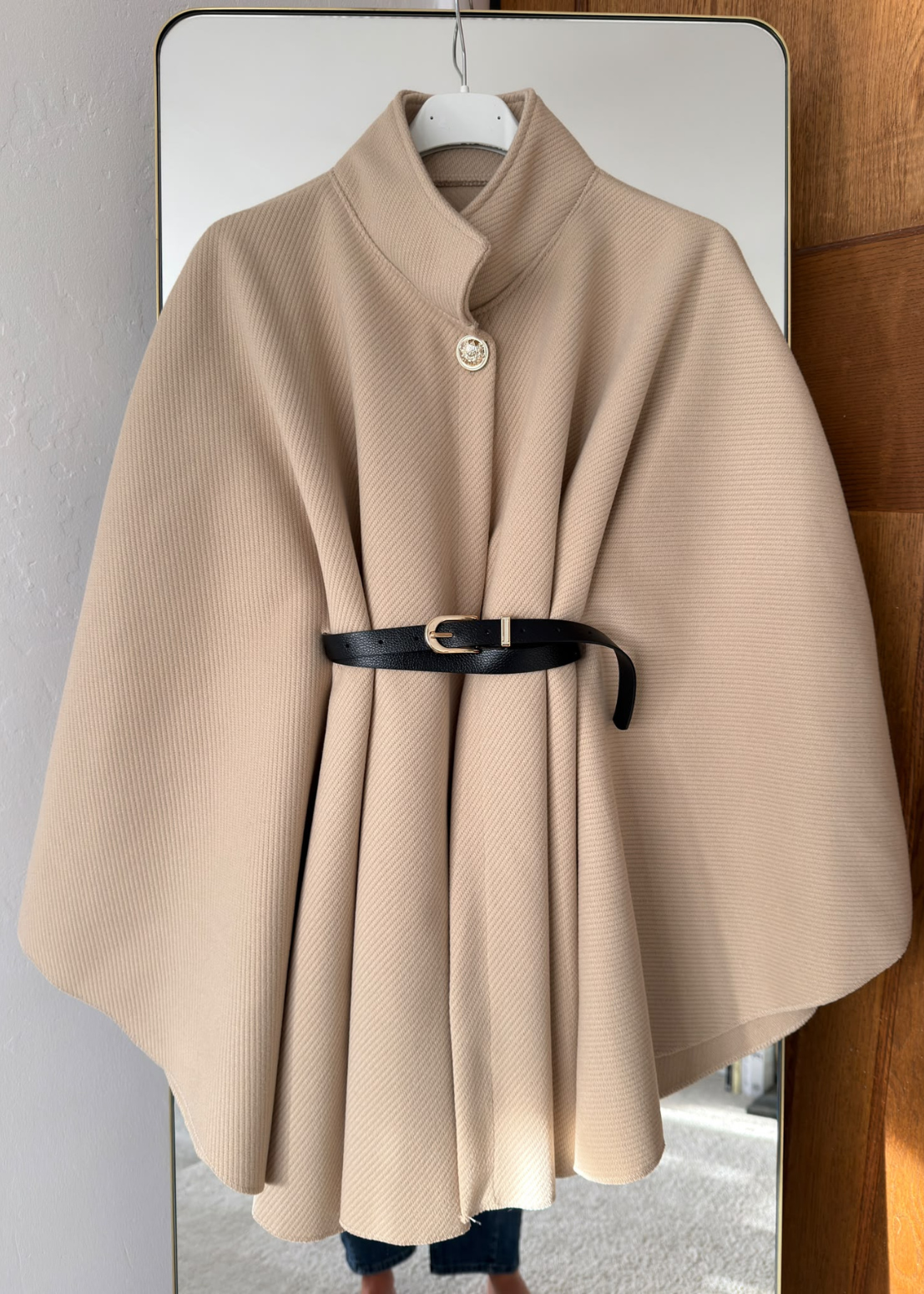 Black Funnel Neck Belted Cape Jacket