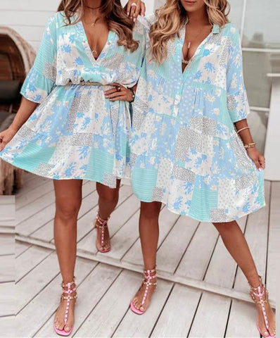 Blue Patch Print Floaty Tiered Dress