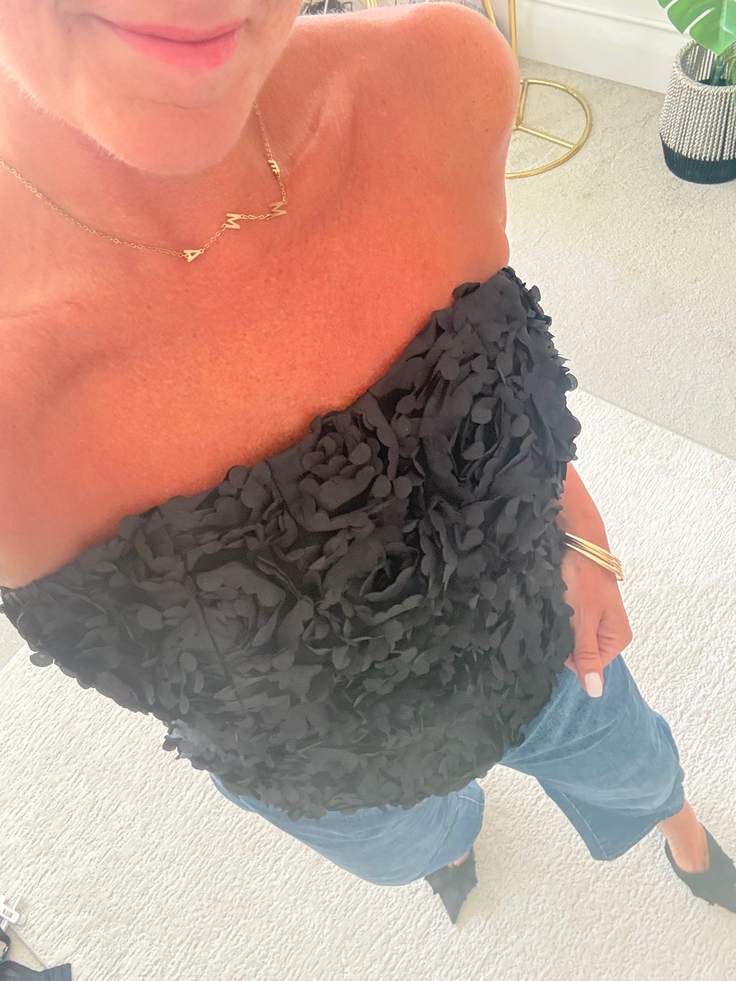 Black 3D Floral Bandeau Top