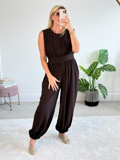 Chocolate Elasticated Sleeveless Harem Jumpsuit