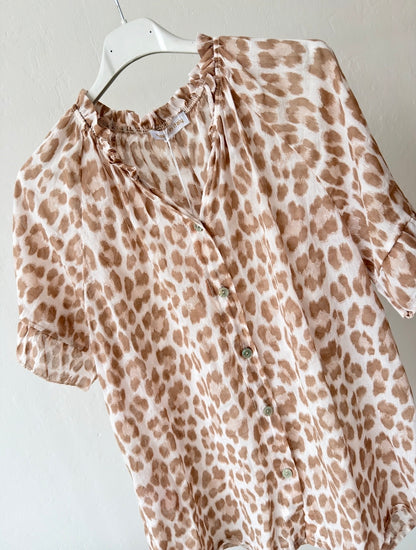 Beige Leopard Frill Sleeve Blouse