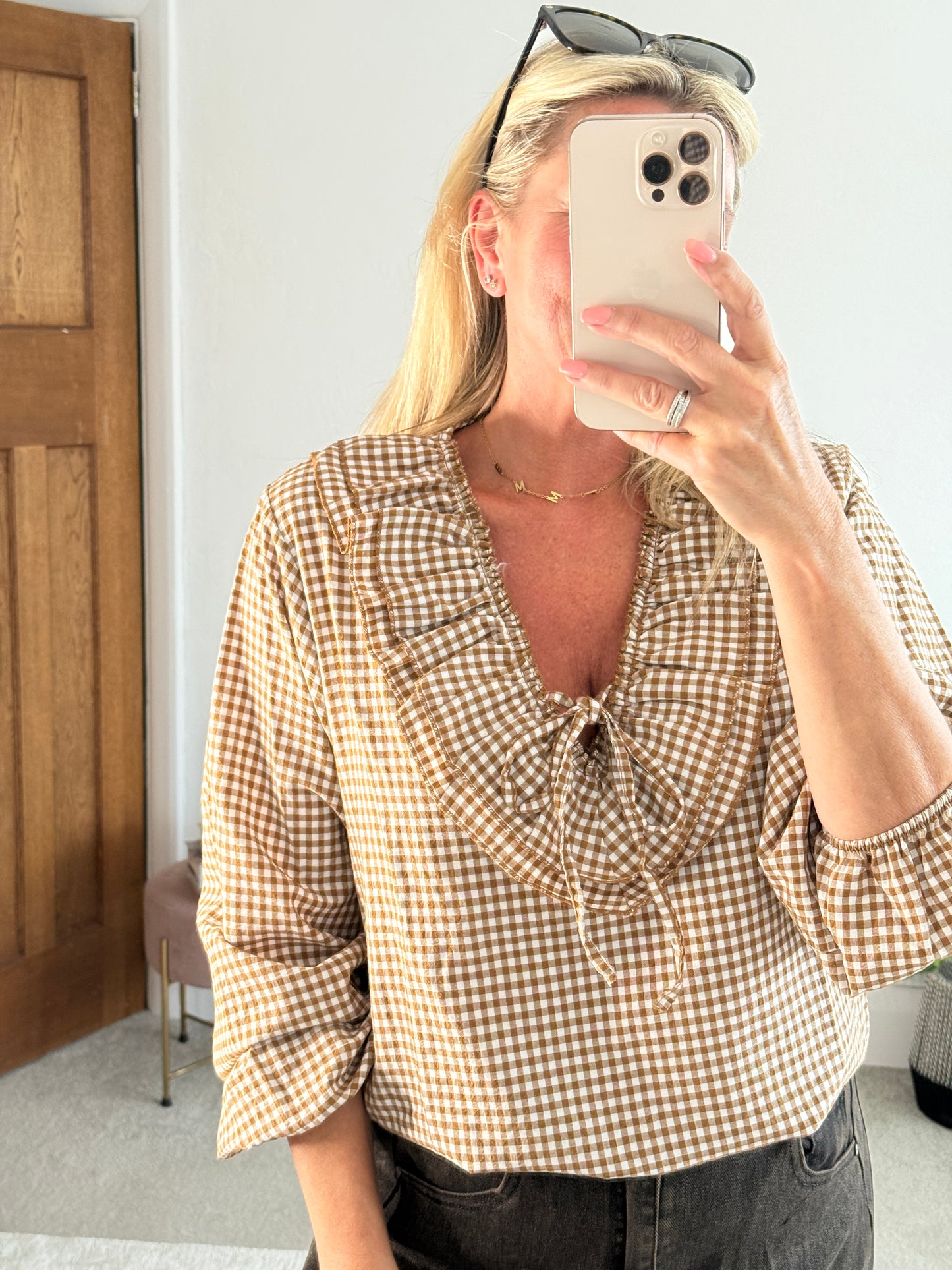Coffee Gingham Ruffle Blouse