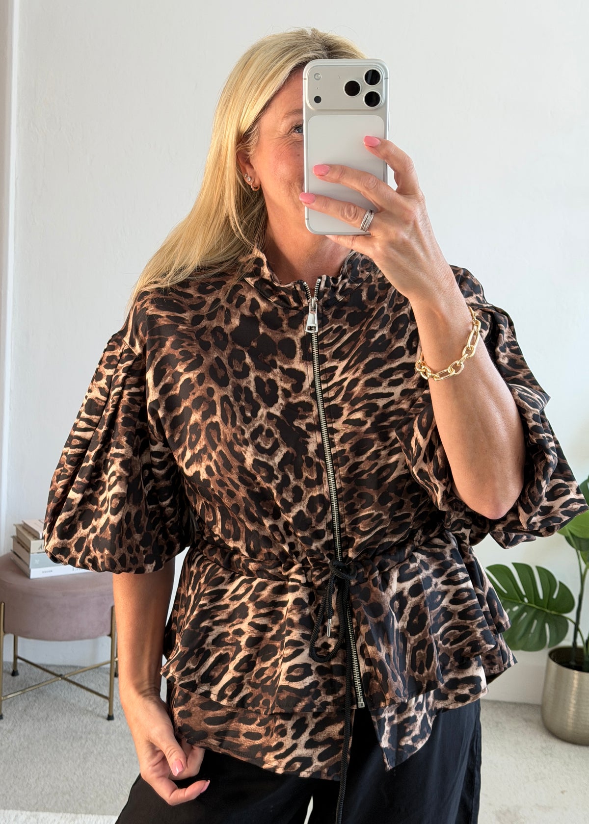 Leopard Balloon Sleeve Peplum Jacket