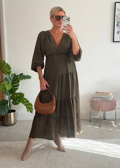 Khaki Heritage Check V-Neck Tiered Dress