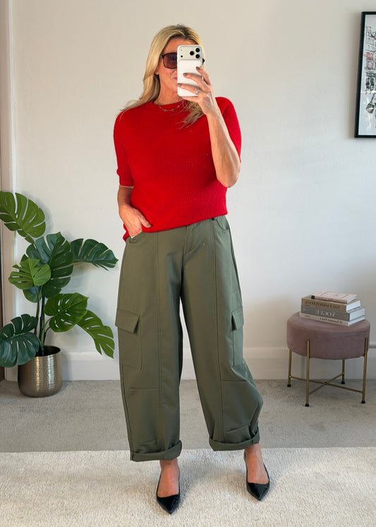 Khaki Barrel Leg Cargo Trousers