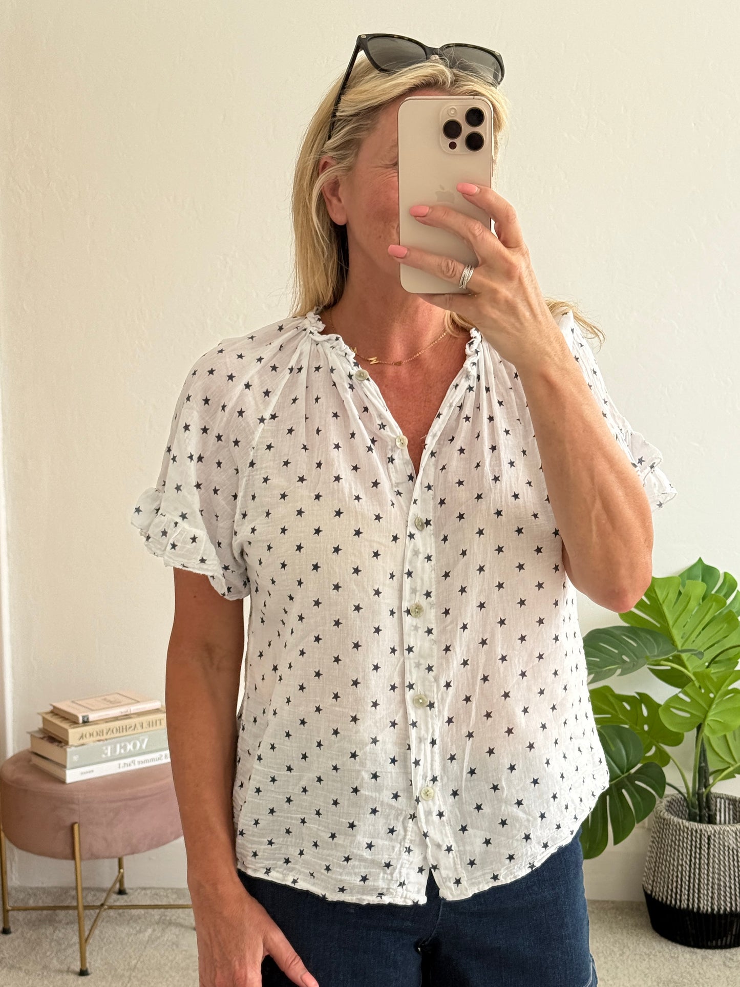 Navy Star Frill Sleeve Blouse