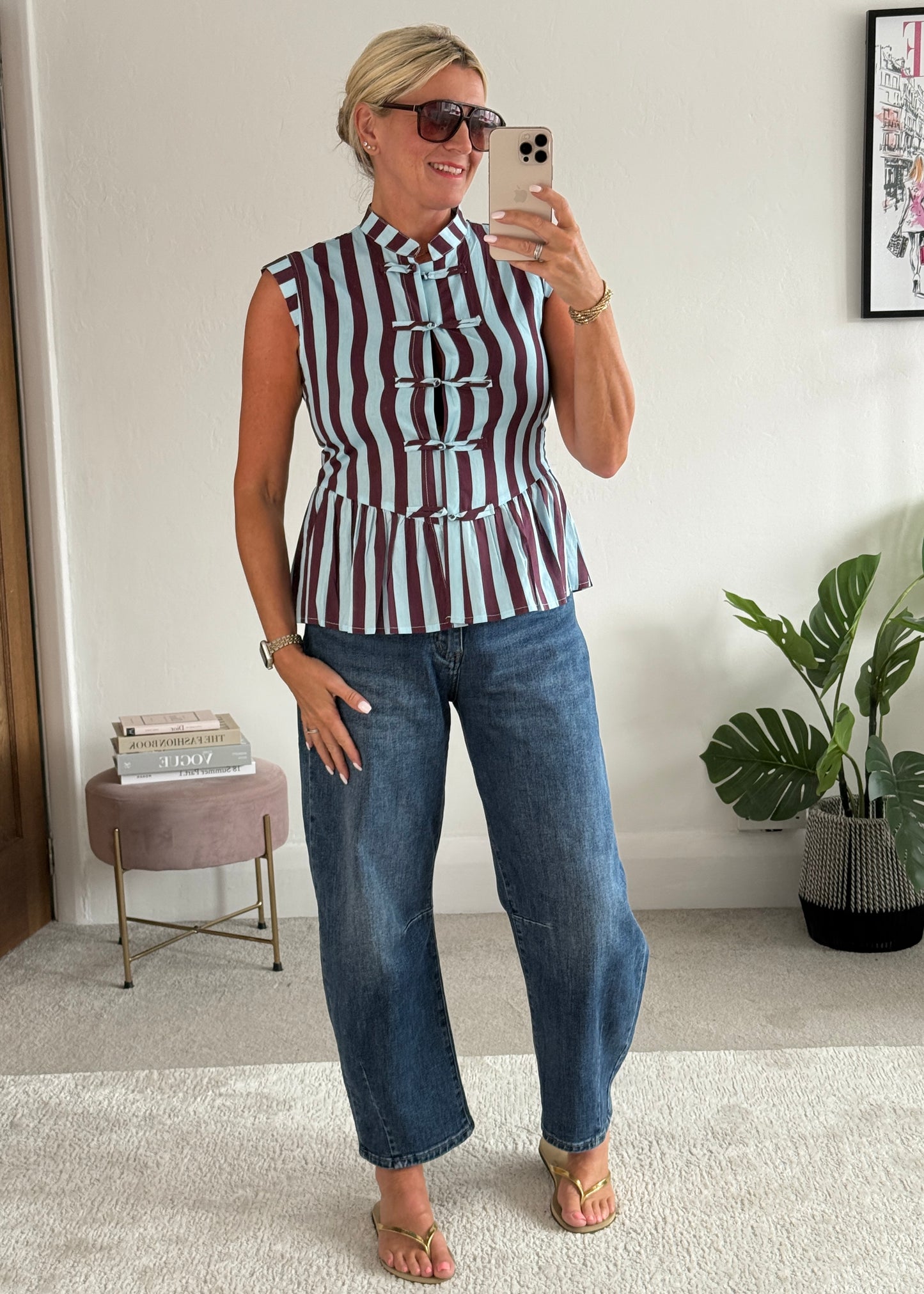 Blue/Plum Mandarin Collar Stripe Peplum Top