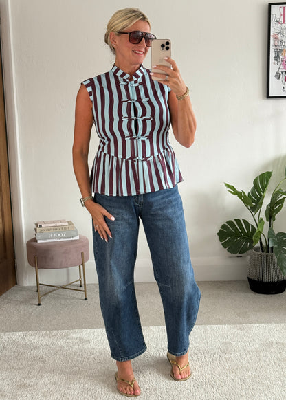 Blue/Plum Mandarin Collar Stripe Peplum Top