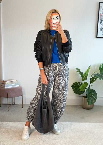 Grey Leopard Barrel Joggers