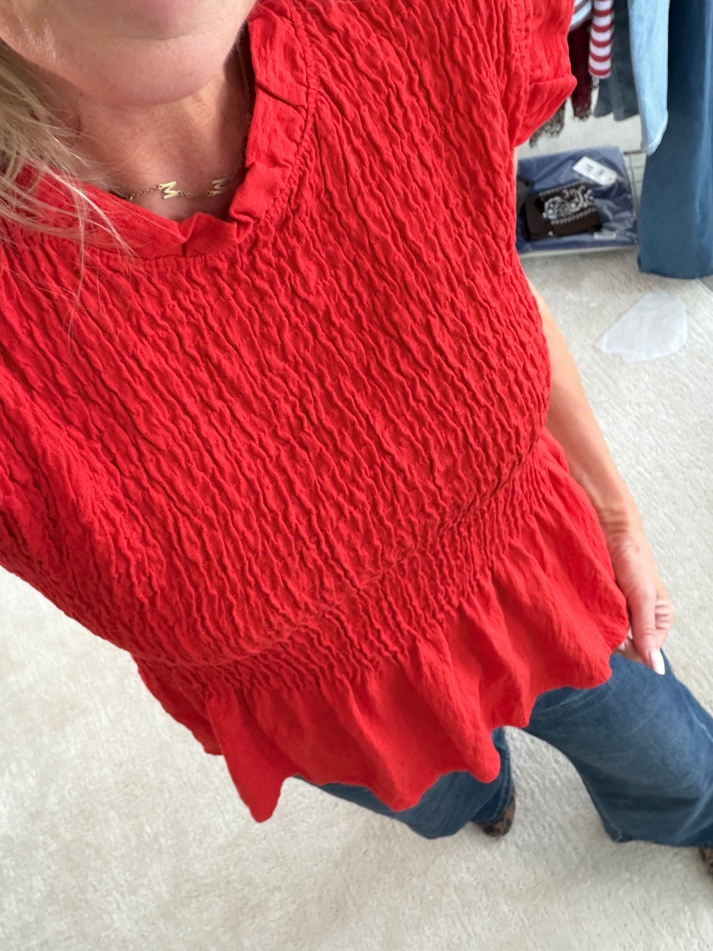 Red Smocked Peplum Top