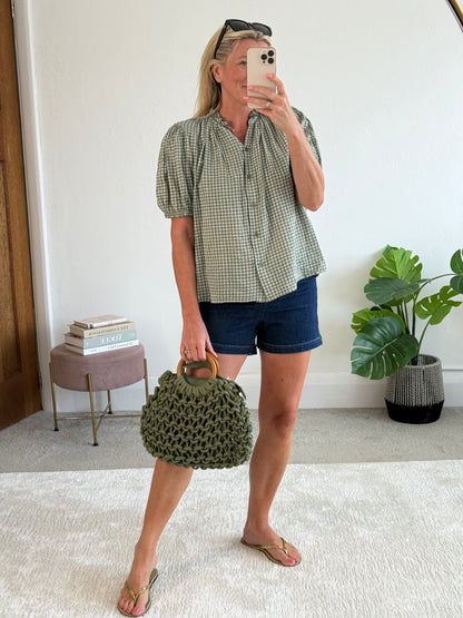 Navy/White Gingham Puff Sleeve Blouse