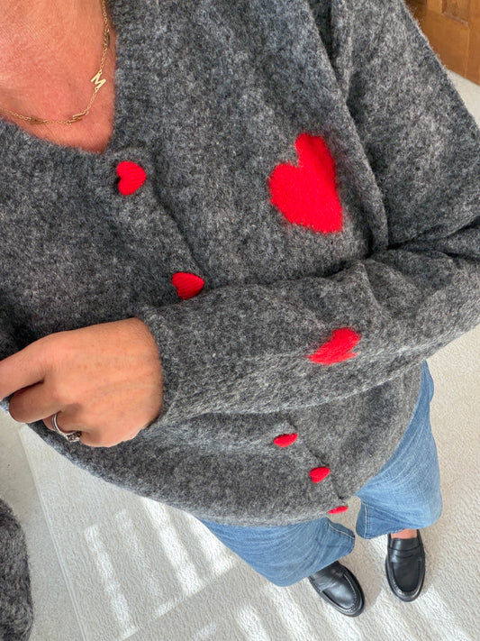 Grey/Red ❤️ Heart Button Cardigan