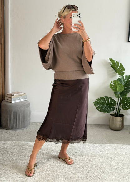 Chocolate Satin Lace Trimmed Midi Skirt