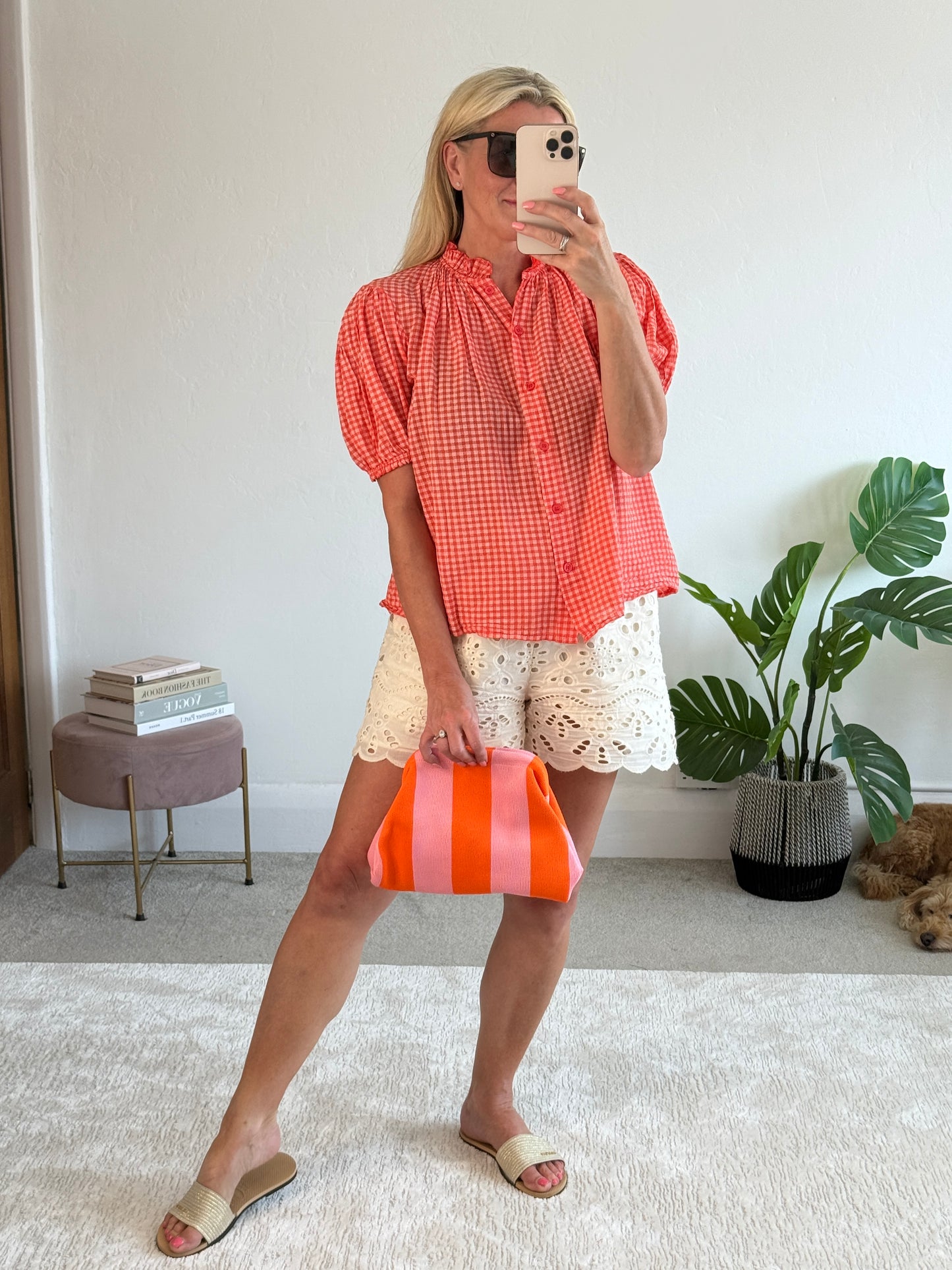 Coral Gingham Puff Sleeve Blouse