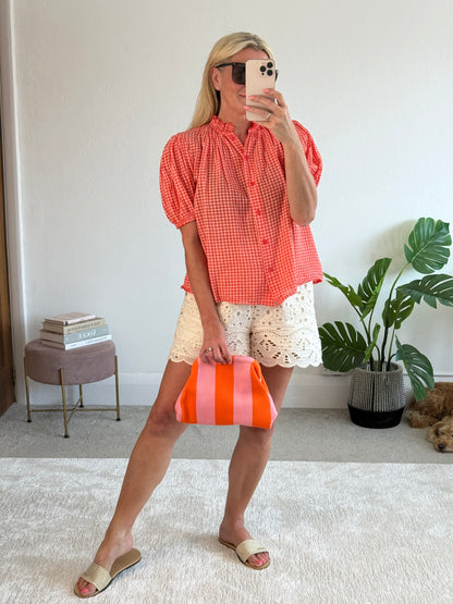 Coral Gingham Puff Sleeve Blouse