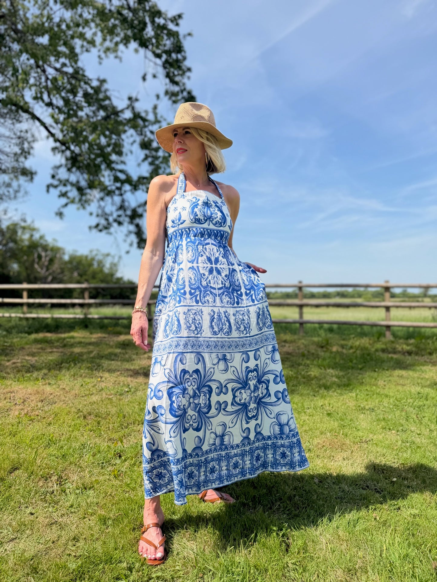 Blue Baroque Tie Strap Dress