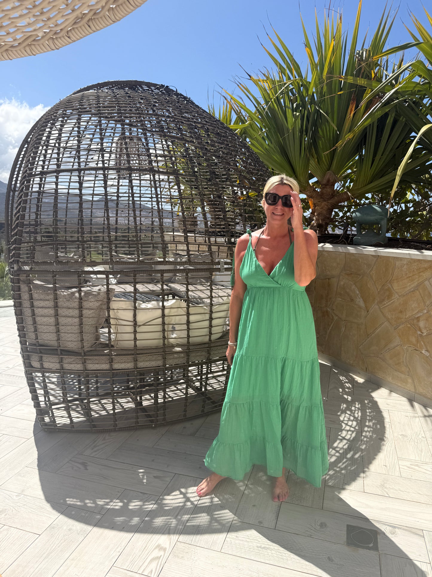 Kelly Green Tie Strap Tiered Maxi Dress