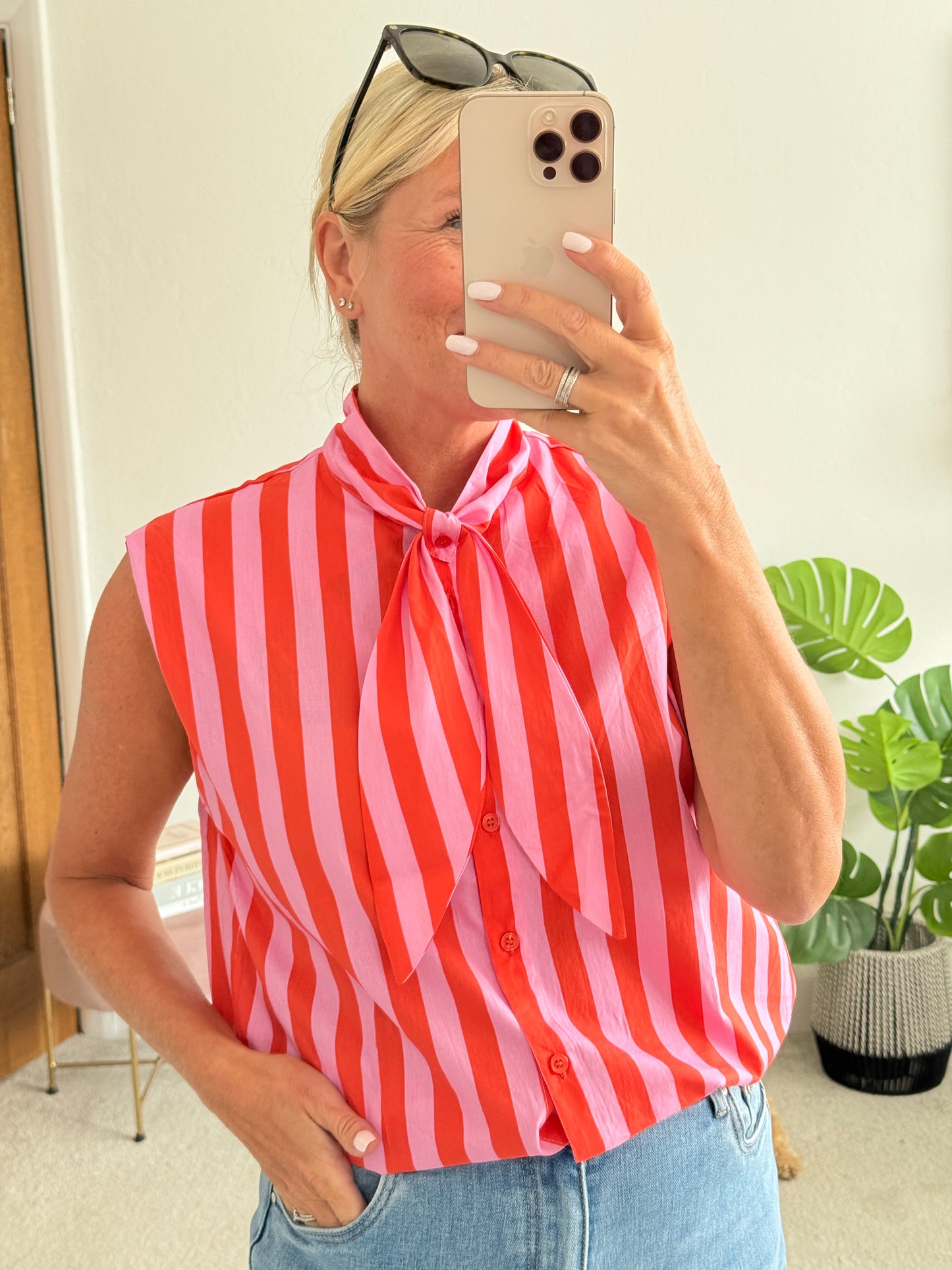 Pink/Orange Stripe Tie-Neck Blouse
