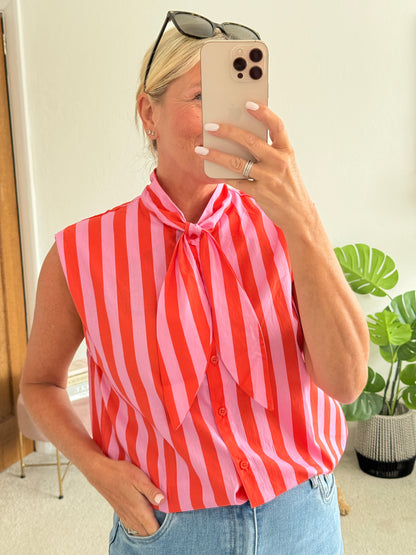 Pink/Orange Stripe Tie-Neck Blouse