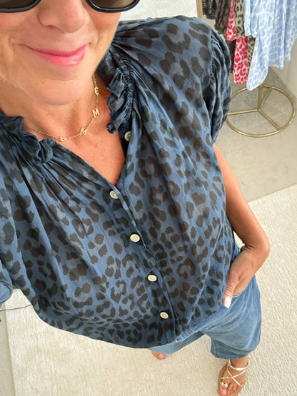 Navy Leopard Puff Sleeve Blouse