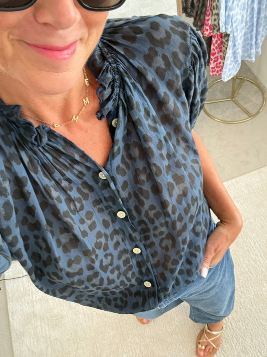 Navy Leopard Puff Sleeve Blouse