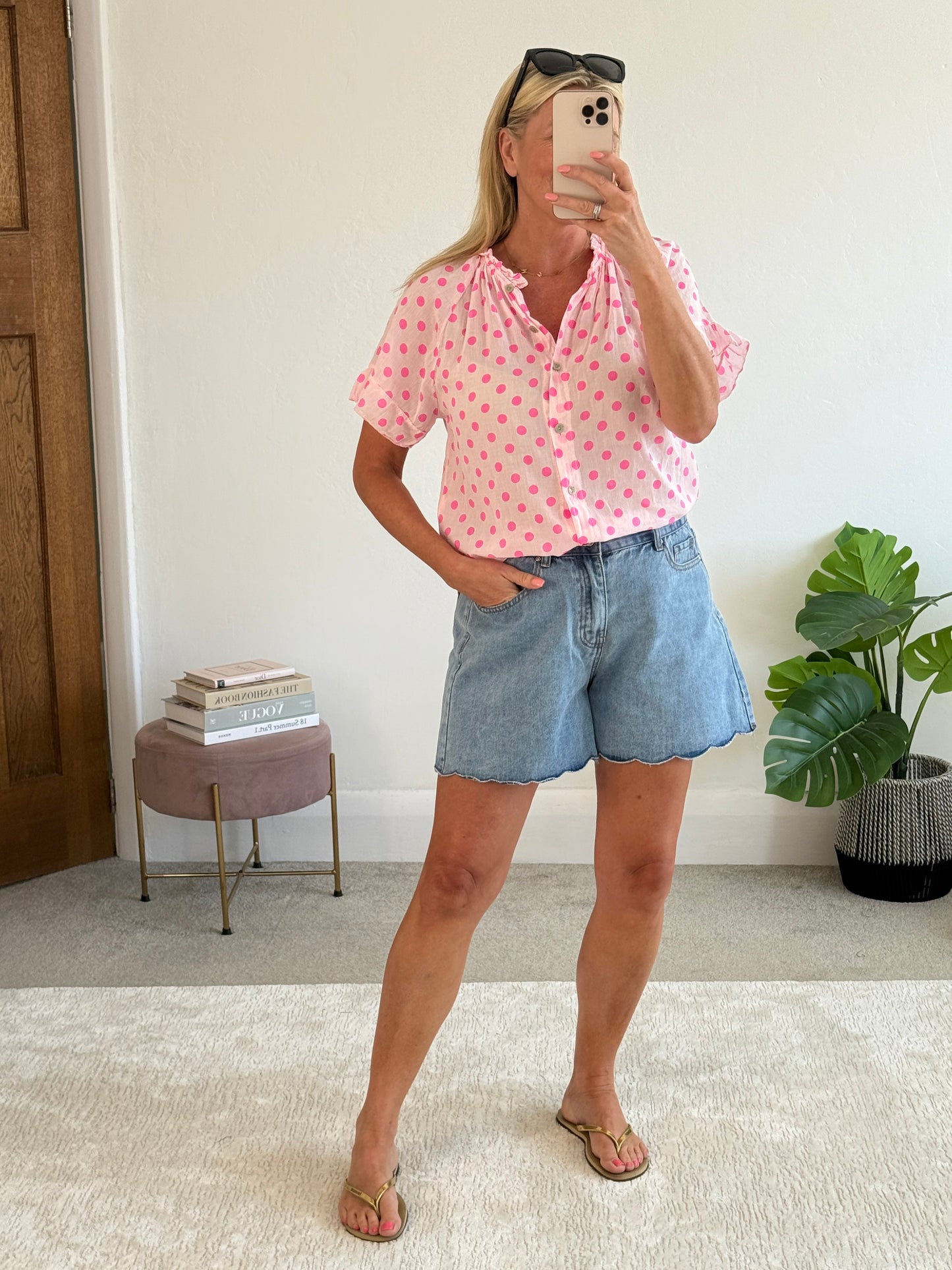 Hot Pink/Pink Polka Dot Frill Sleeve Blouse