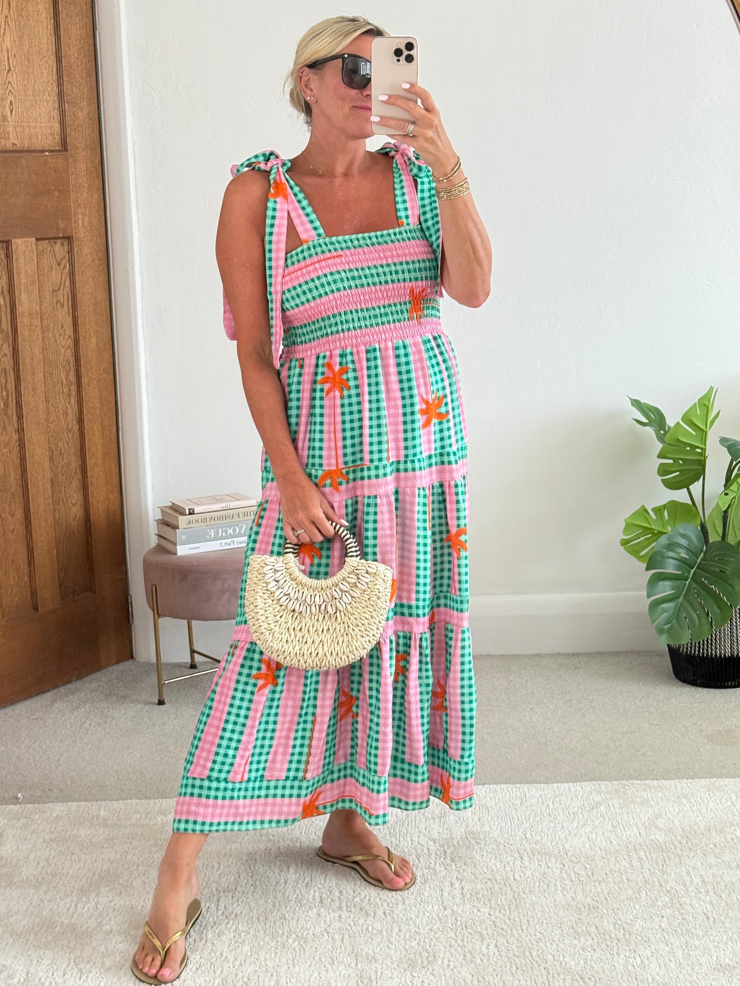 Green/Pink Gingham/Palm Shirred Maxi Dress