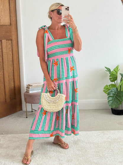 Green/Pink Gingham/Palm Shirred Maxi Dress