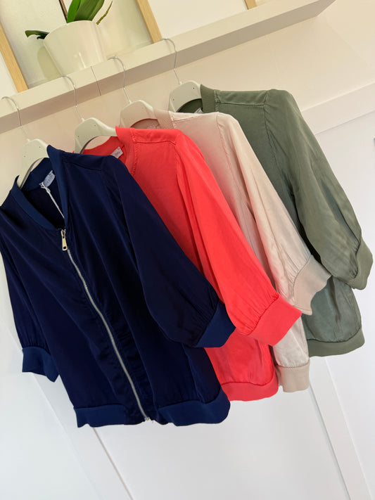 Navy Silk Mix 1/2 Sleeve Bomber Jacket