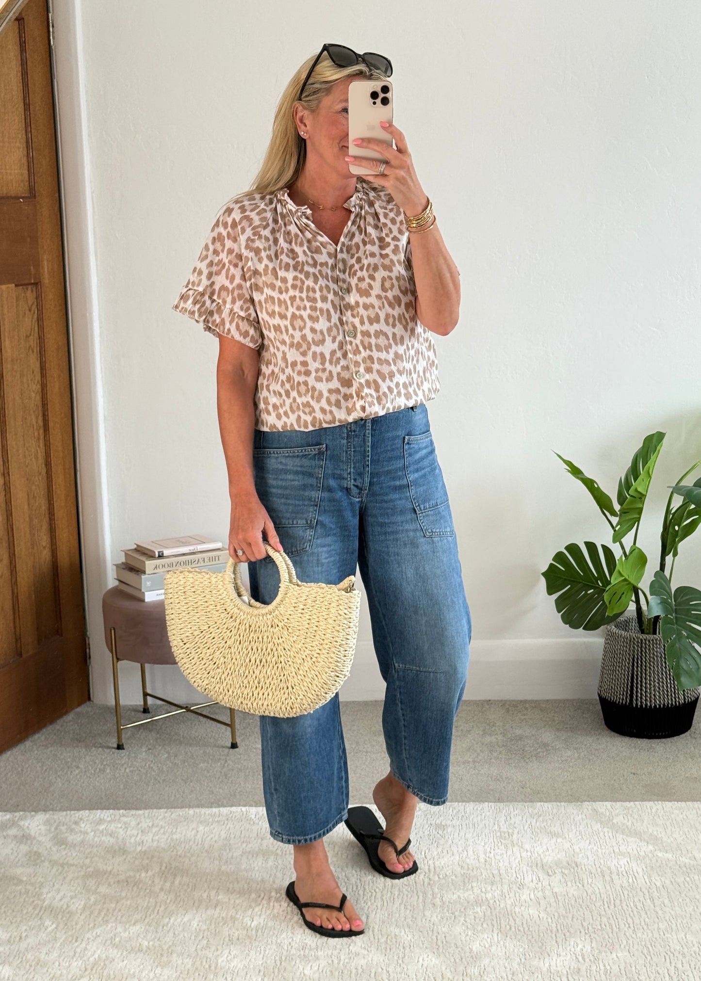 Beige Leopard Frill Sleeve Blouse