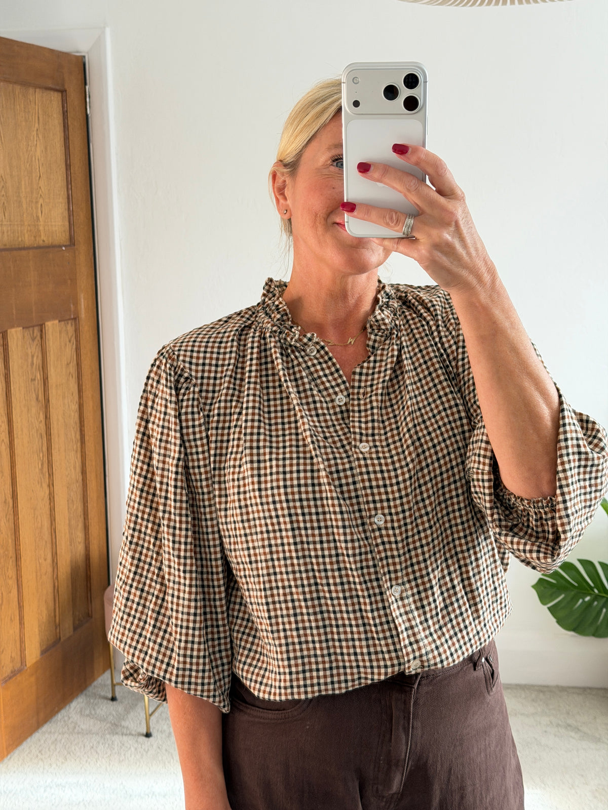 Cream Heritage Check Frill Collar Blouse