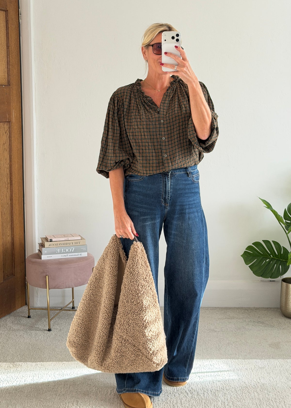 Khaki Heritage Check Frill Collar Blouse