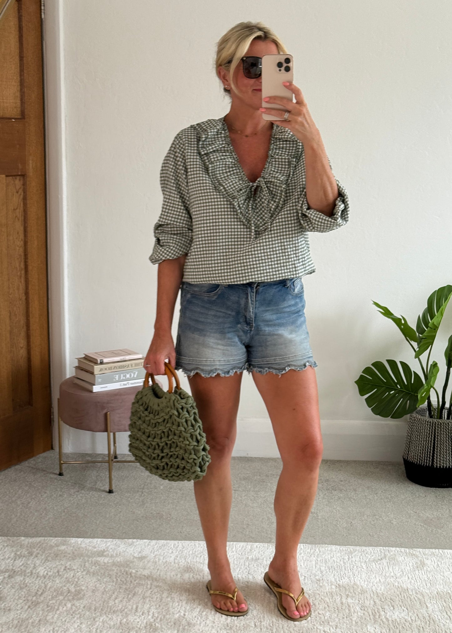 Khaki Gingham Ruffle Blouse