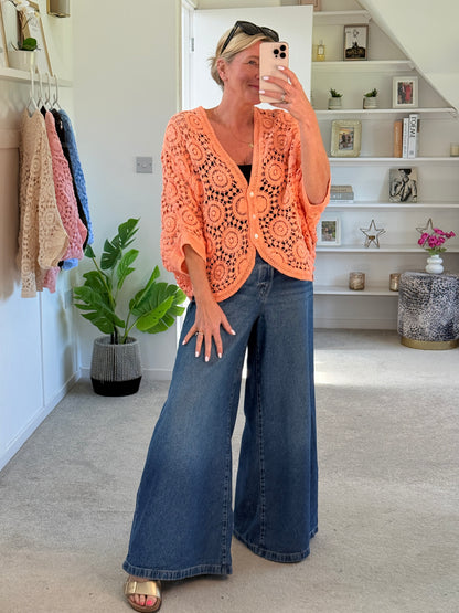 Papaya Circle Design Crochet Cardigan