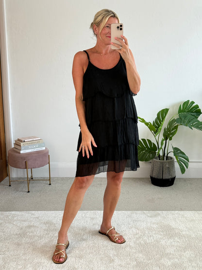 Black Silk Mix Strappy Frill Dress