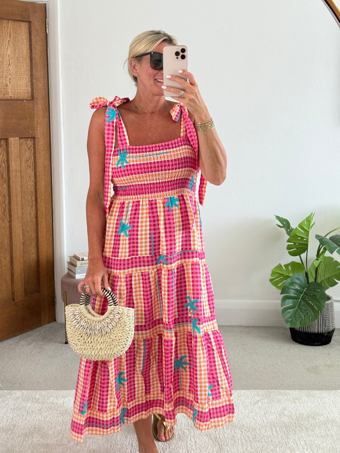 Pink/Orange Gingham/Palm Shirred Maxi Dress