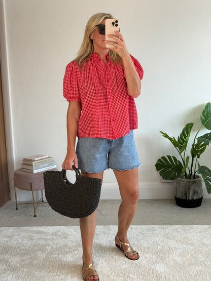 Red Gingham Puff Sleeve Blouse