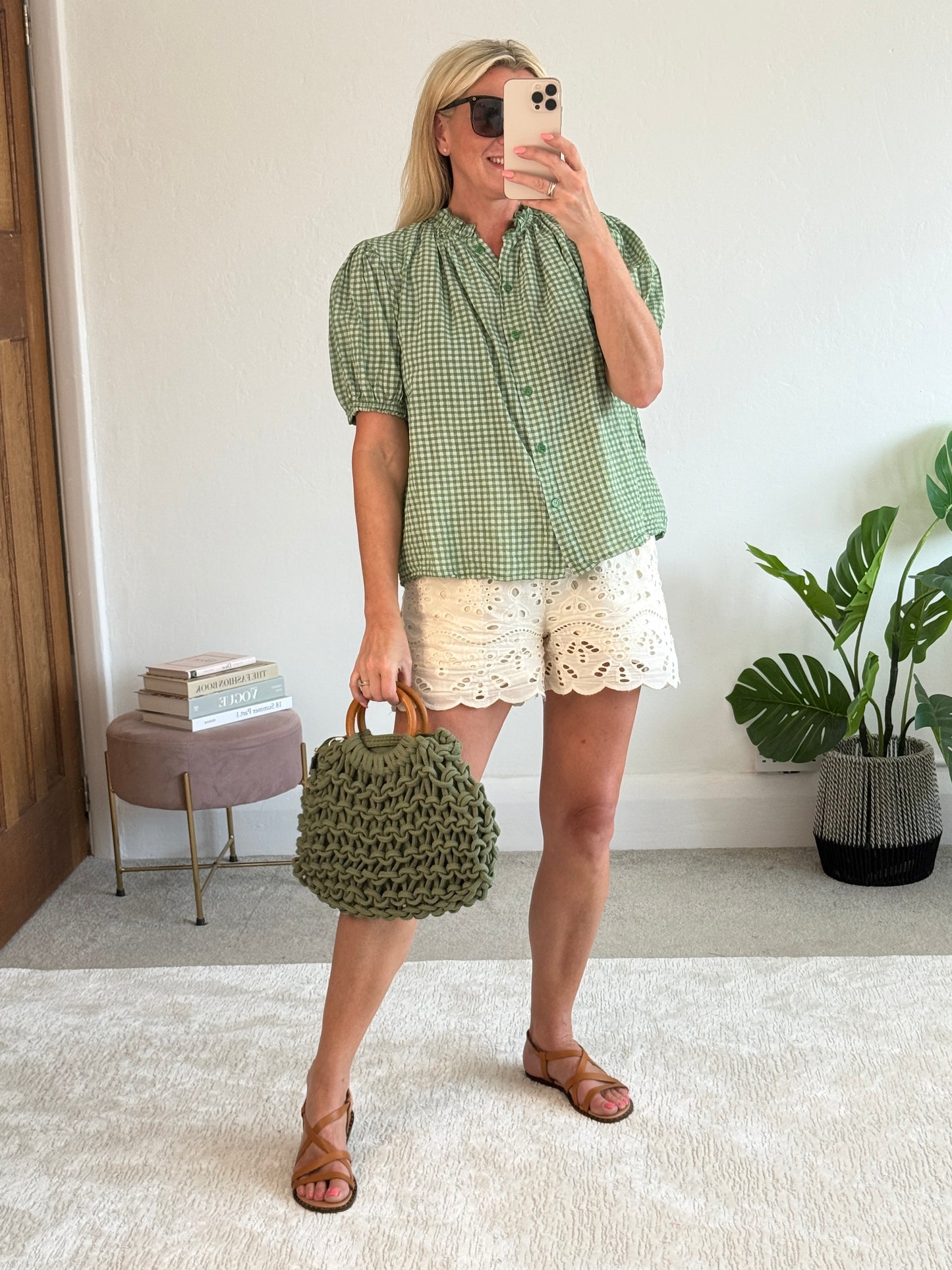 Khaki Gingham Frill Sleeve Blouse