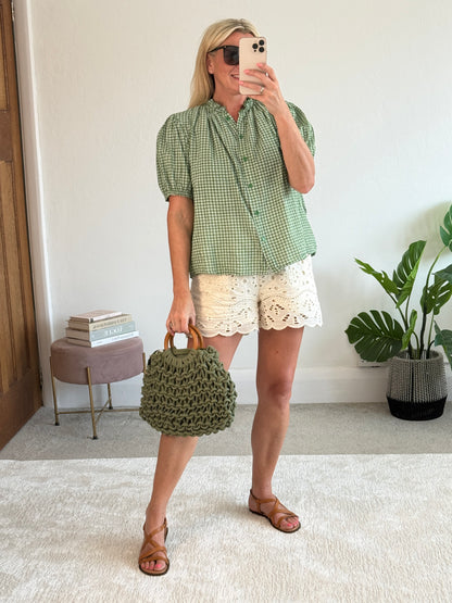 Khaki Gingham Frill Sleeve Blouse