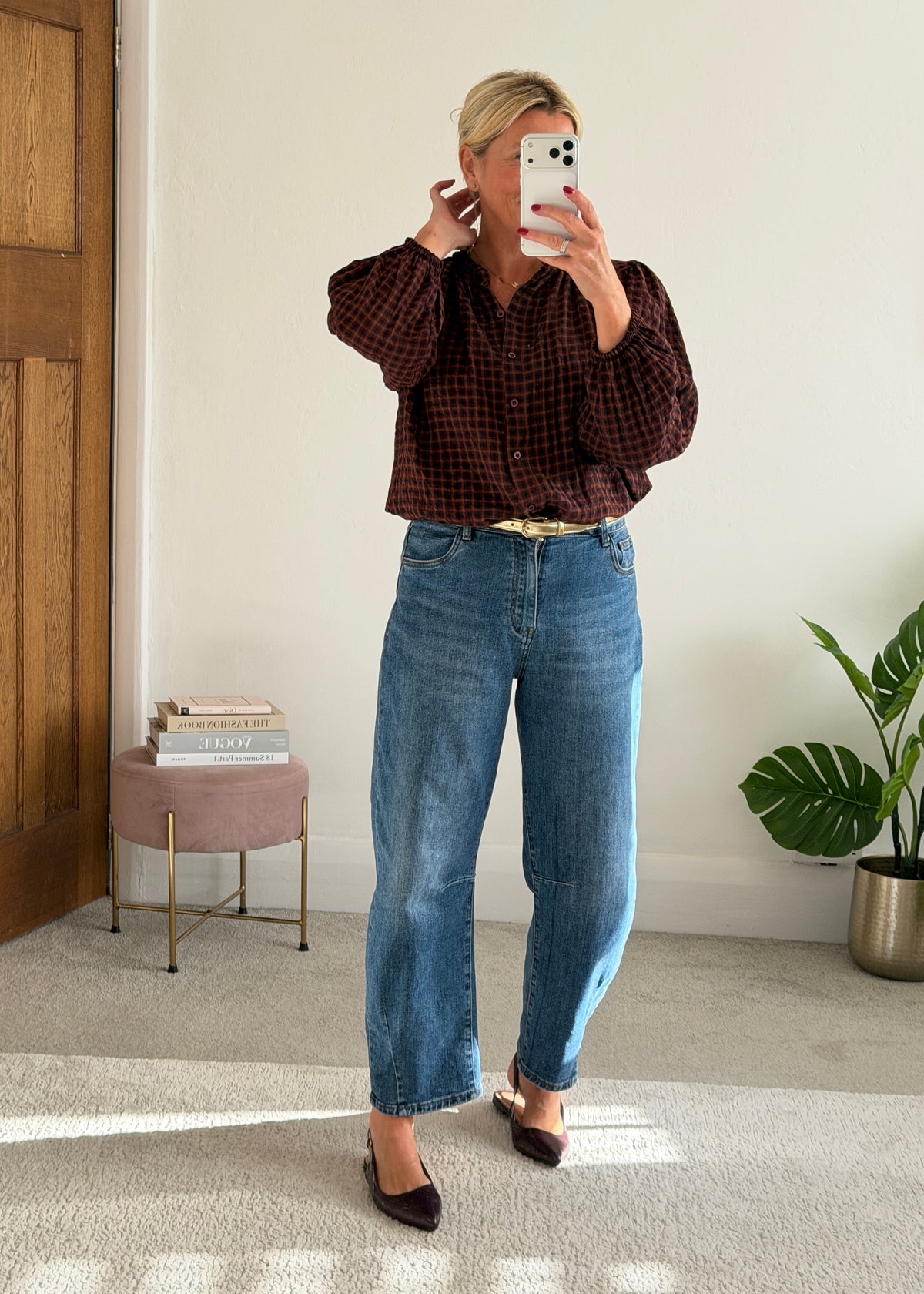 Burgundy Heritage Check Frill Collar Blouse