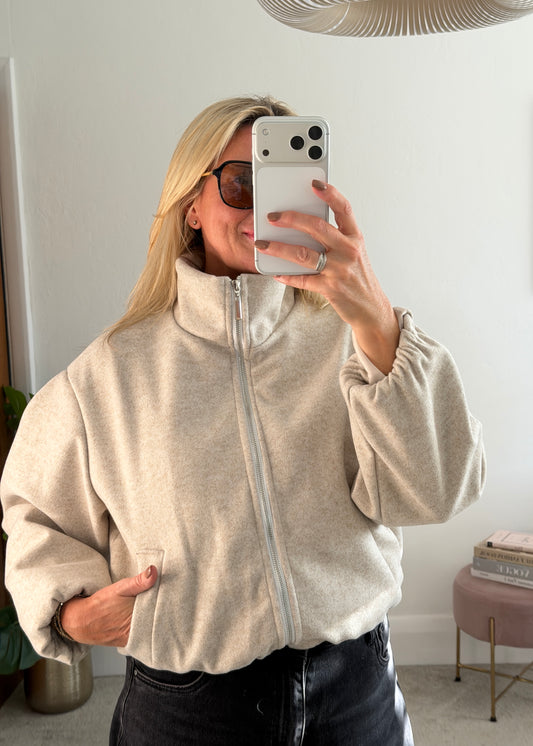 Oatmeal Brushed Funnel Neck Zip Jacket