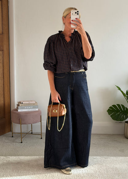 Navy Heritage Check Frill Collar Blouse