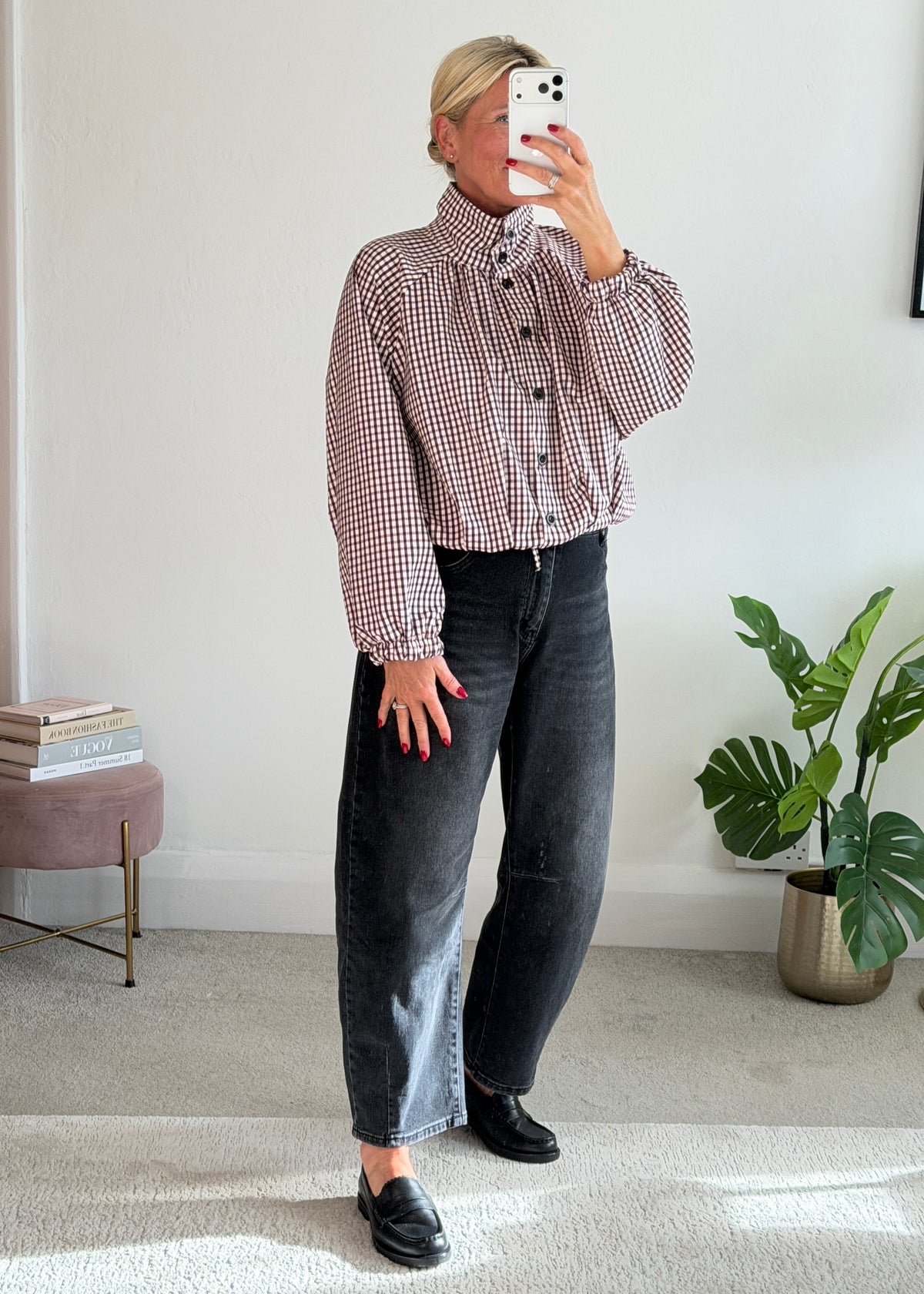 Plum Check Funnel Neck Jacket