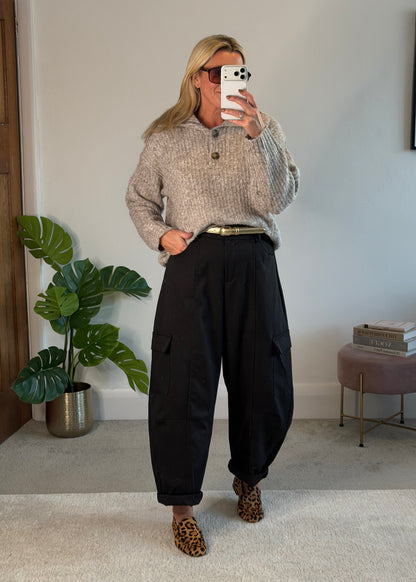 Black Barrel Leg Cargo Trousers