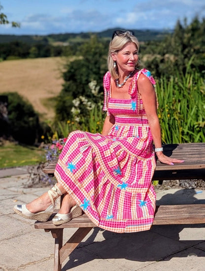 Pink/Orange Gingham/Palm Shirred Maxi Dress