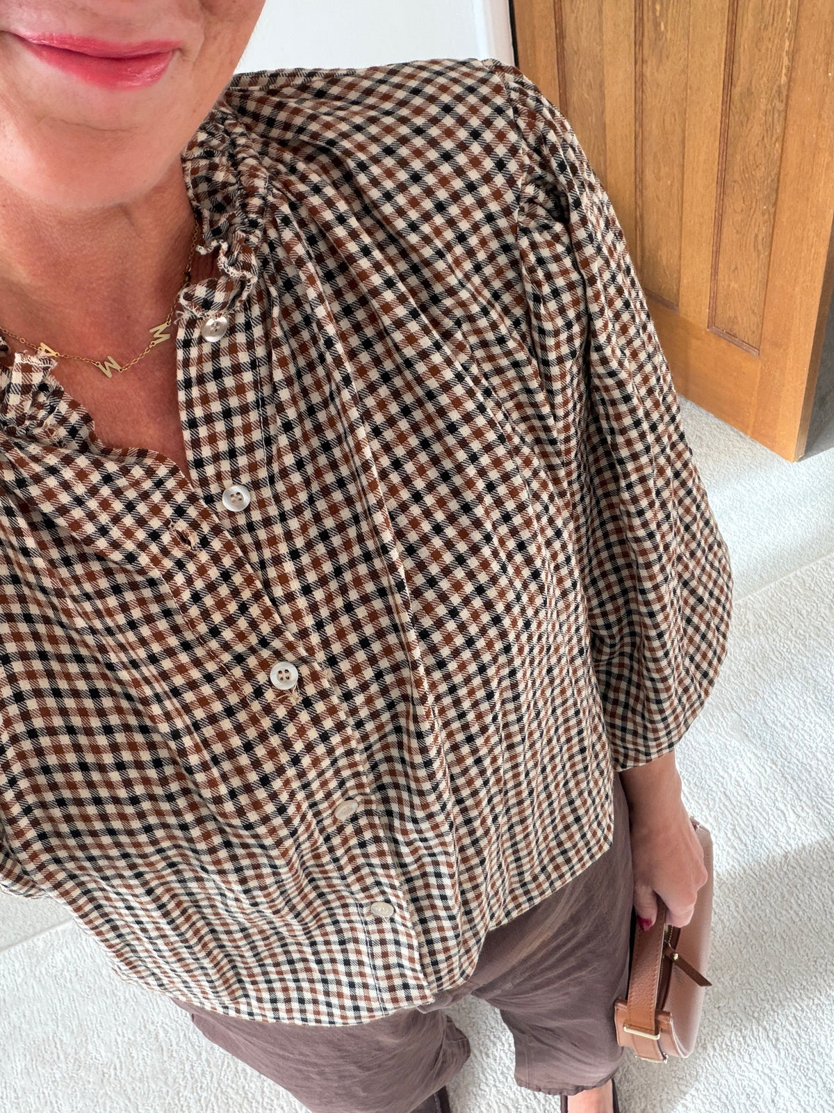 Cream Heritage Check Frill Collar Blouse