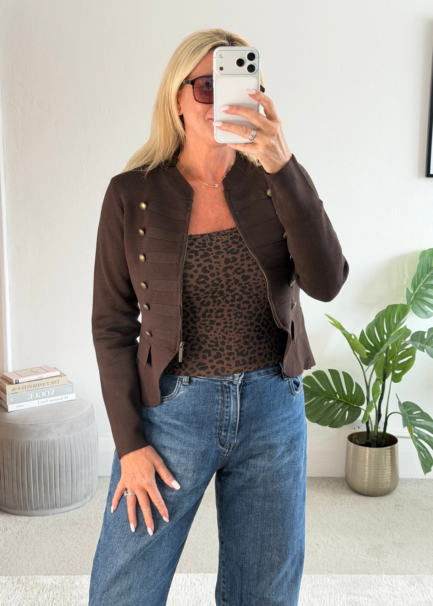 Chocolate Military Button Zip Knit Jacket