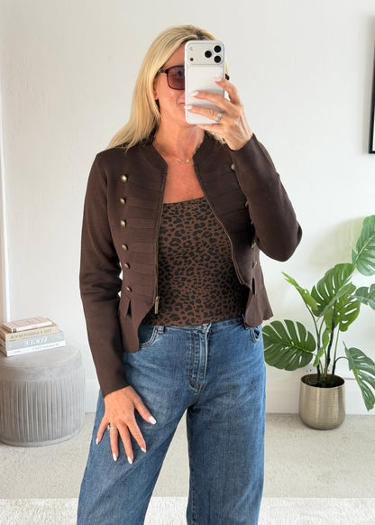 Chocolate Military Button Zip Knit Jacket
