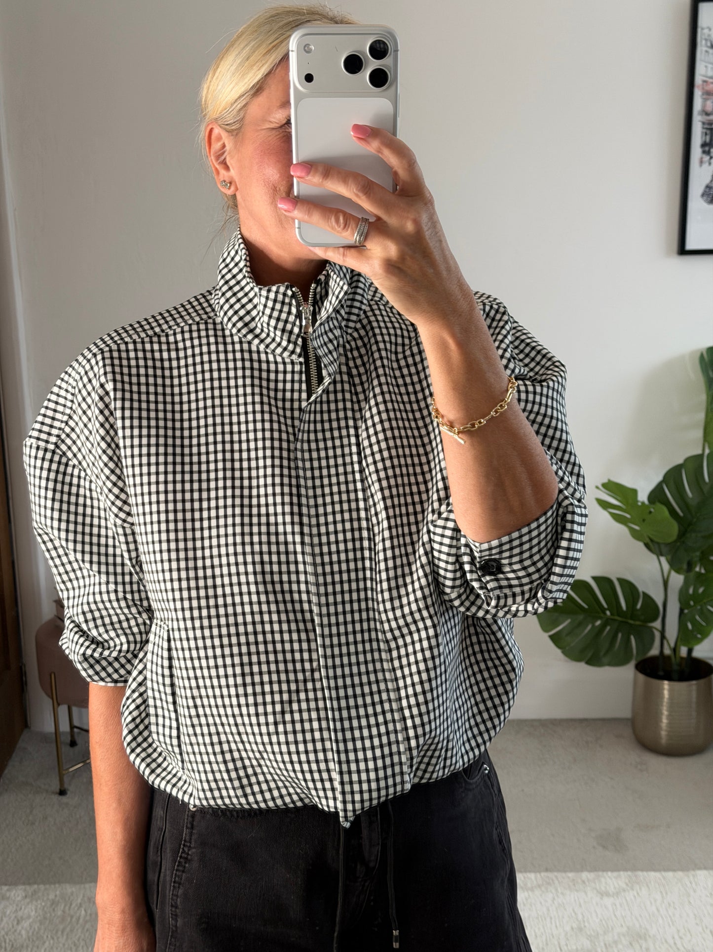 Black Check Funnel Neck Jacket