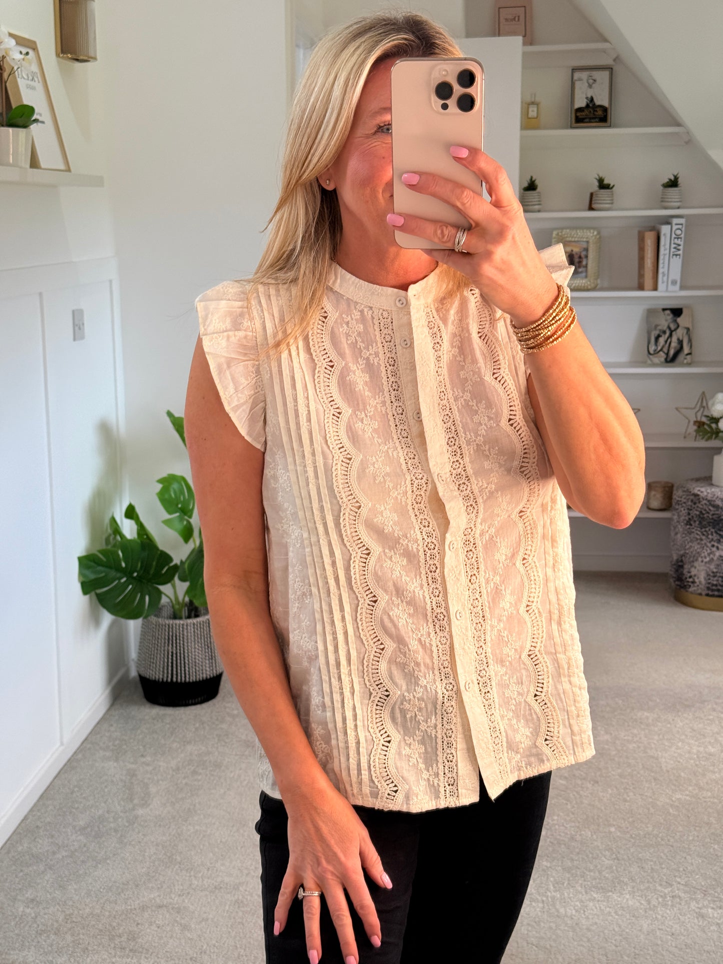 Oatmeal Frill Sleeve Lace Embroidered Blouse